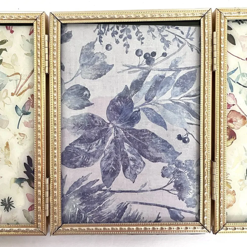 Vintage Gold Brass Tone Metal Tri-Panel Tabletop Picture Frame for 3.5x5